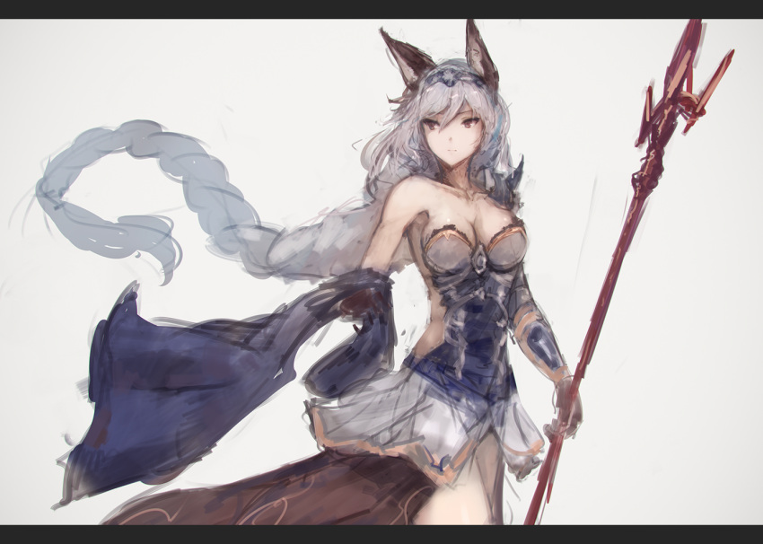 1girl animal_ears armor bare_shoulders braid breasts cleavage collarbone gloves granblue_fantasy heles holding_weapon polearm rean_(r_ean) silver_hair solo spear weapon