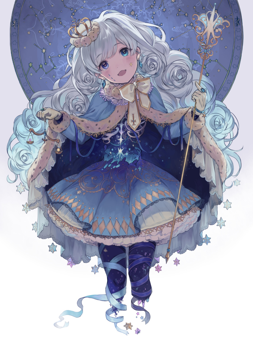 1girl black_legwear blue_dress blue_eyes blush cape commentary_request crown curly_hair dress earrings facepaint gloves highres jewelry leg_ribbon long_hair looking_at_viewer mini_crown open_mouth original ribbon scales scepter silver_hair smile solo star tamaext very_long_hair