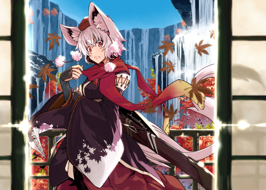1girl animal_ears bridal_gauntlets fang hat inubashiri_momiji irue japanese_clothes leaf maple_leaf red_eyes scabbard scarf sheath short_hair silver_hair solo tail tokin_hat touhou water waterfall wolf_ears wolf_tail