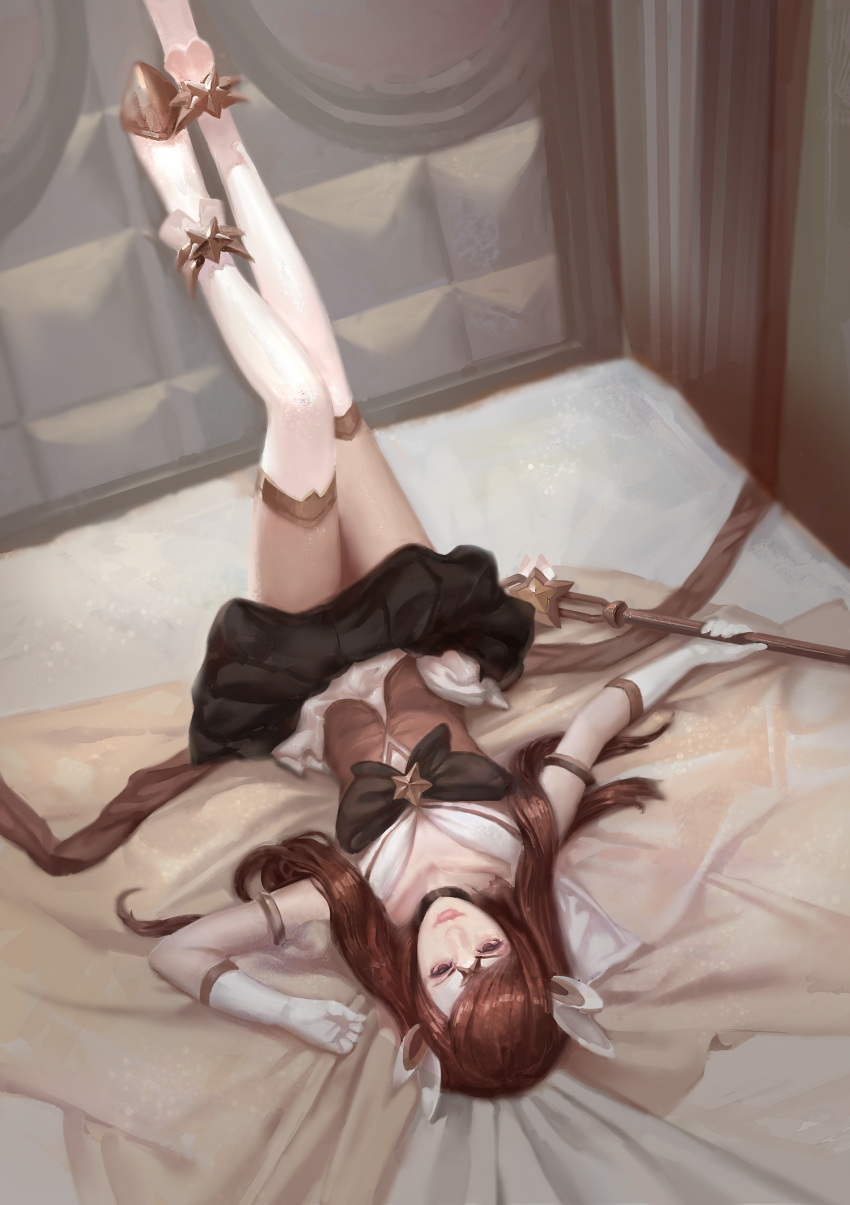 armband bed bed_sheet boots bow brown_hair collarbone gloves highres legs_up looking_at_viewer luxanna_crownguard magical_girl miniskirt rabbit_(tukenitian) skirt twintails wand