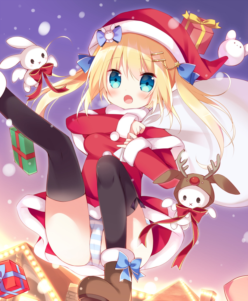 1girl :o :x animal_costume ankle_boots black_eyes black_legwear blonde_hair blue_bow blue_eyes blue_panties blue_ribbon blush boots bow building capelet carrying_over_shoulder chimney dress fang fur_trim gift hair_ornament hair_ribbon hairclip hat highres horizontal_stripes hoshi_(snacherubi) house light monster open_mouth original over_shoulder panties pantyshot purple_ribbon red_bow red_dress red_ribbon reindeer_costume ribbon rooftop sack santa_costume santa_hat snowing solo star_hair_ornament thigh-highs two_side_up underwear yellow_ribbon