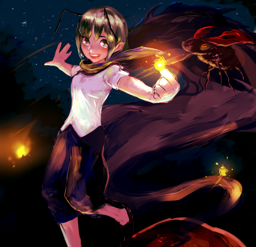 1girl 8tan antennae bangs black_shoes cape flat_chest forest glowing green_eyes green_hair knickers ladybug light nature night night_sky open_mouth outstretched_arms reflective_eyes shiny shiny_hair shirt shoes short_hair sky smile solo star_(sky) starry_sky t-shirt teeth touhou white_shirt wriggle_nightbug