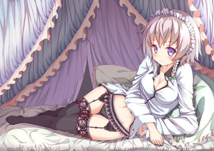 1girl alternate_costume alternate_eye_color alternate_hair_color alternate_hairstyle bed bed_sheet bedroom beige_hair black_legwear black_panties blush bow braid breasts cleavage collarbone commentary_request curtains expressionless garter_belt ging1993 hair_bow indoors izayoi_sakuya lace lace-trimmed_thighhighs light lingerie long_sleeves looking_at_viewer lying maid maid_headdress multicolored_hair navel on_side open_cuffs panties pillow shirt short_hair silver_hair single_braid sleeve_cuffs solo stomach thigh-highs thigh_gap thighs touhou two-tone_hair unbuttoned_shirt underwear violet_eyes white_shirt