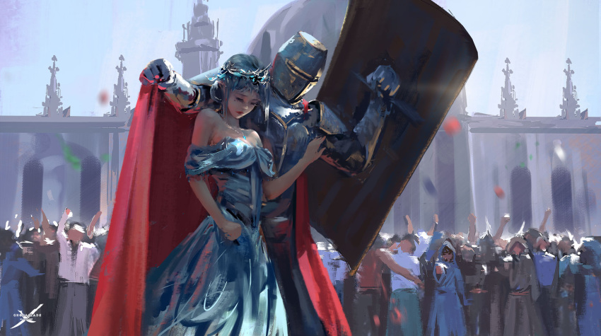 1boy 1girl armor bare_shoulders blue_dress blue_sky cape cheering closed_eyes crowd crown dress gauntlets ghostblade head_down highres jewelry knight lips necklace original pendant people red_cape sapphire_(stone) shield short_hair silver_hair sky strapless_dress temple throwing tiara wlop