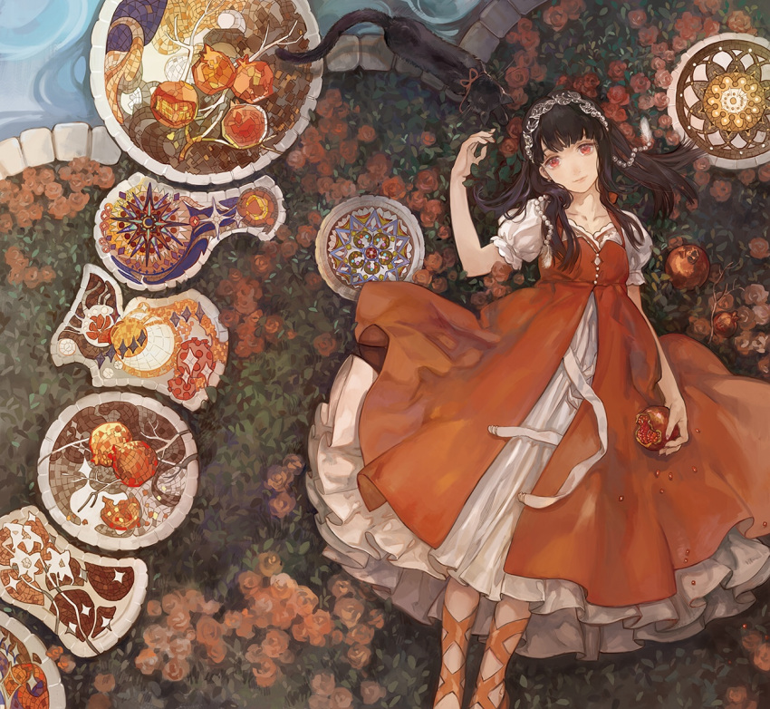 1girl black_hair dress flower food fruit headdress highres long_hair looking_at_viewer lying noir_(ibaraki) on_back original pomegranate red_eyes rose smile solo