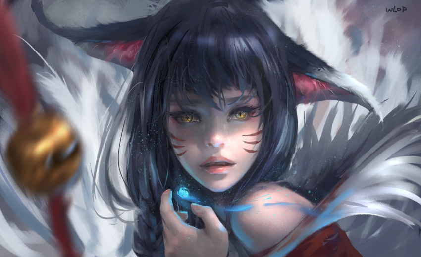 1girl ahri animal_ears bare_shoulders bell black_hair facial_mark highres jingle_bell league_of_legends long_hair looking_at_viewer magic parted_lips realistic solo wlop yellow_eyes
