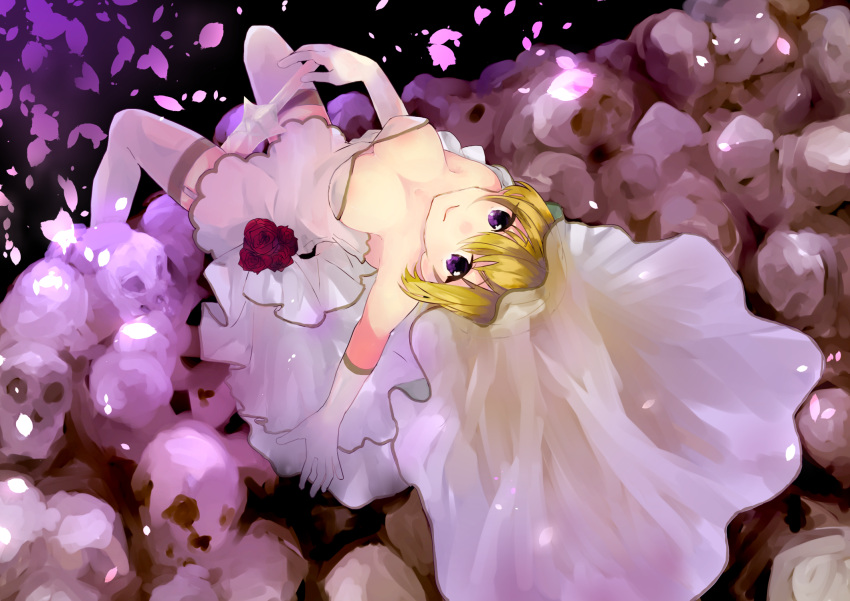 1girl bouquet breasts cherry_blossoms cleavage dress flower garter_straps gloves highres looking_at_viewer lying on_back original petals pile_of_skulls rose shioyaki_sawara skull smile solo strapless_dress sword thigh-highs veil violet_eyes weapon wedding_dress white_gloves white_legwear