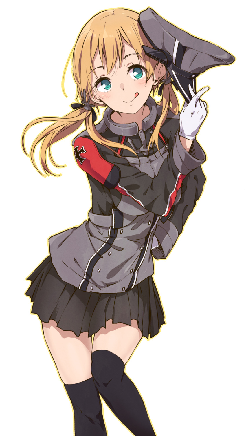 1girl :q blonde_hair haine hair_ornament hat hat_removed headwear_removed highres kantai_collection long_hair military military_uniform peaked_cap prinz_eugen_(kantai_collection) solo thigh-highs tongue tongue_out twintails uniform
