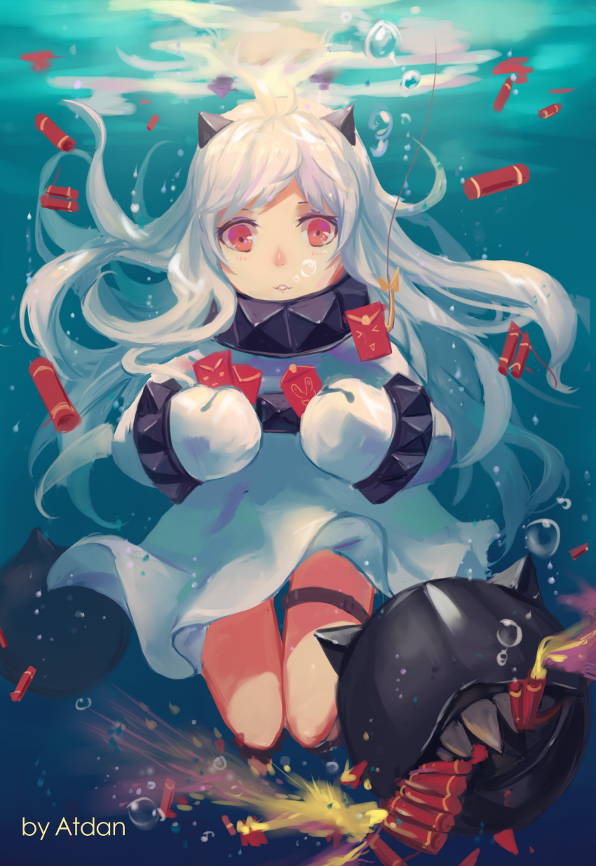 1girl absurdres ahoge angpao artist_name atdan dress enemy_aircraft_(kantai_collection) firecrackers highres horns kantai_collection long_hair looking_at_viewer mittens northern_ocean_hime ocean pale_skin parted_lips red_eyes revision shinkaisei-kan submerged underwater white_dress white_hair