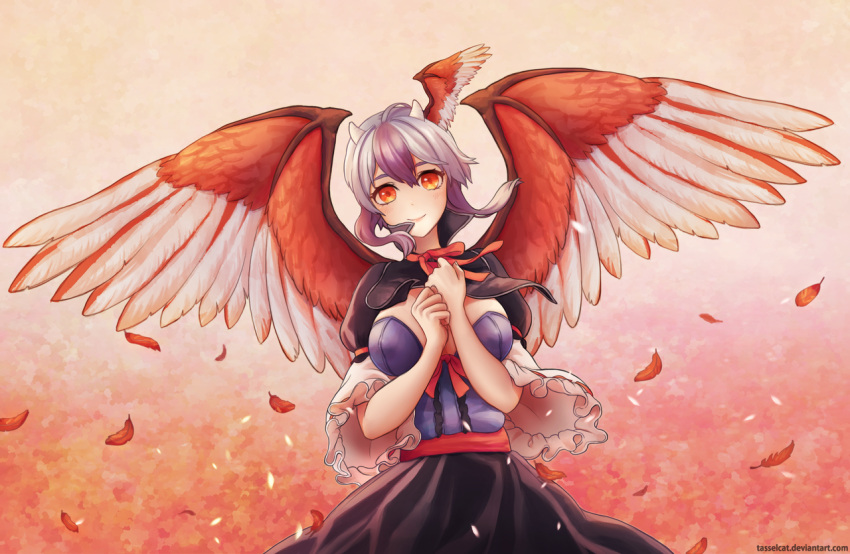 1girl alternate_breast_size artist_name blue_hair blush breasts feathered_wings feathers hands_clasped head_wings horns multicolored_hair neck_ribbon older orange_eyes ribbon short_hair silver_hair single_head_wing smile solo tasselcat tokiko_(touhou) touhou two-tone_hair upper_body wings