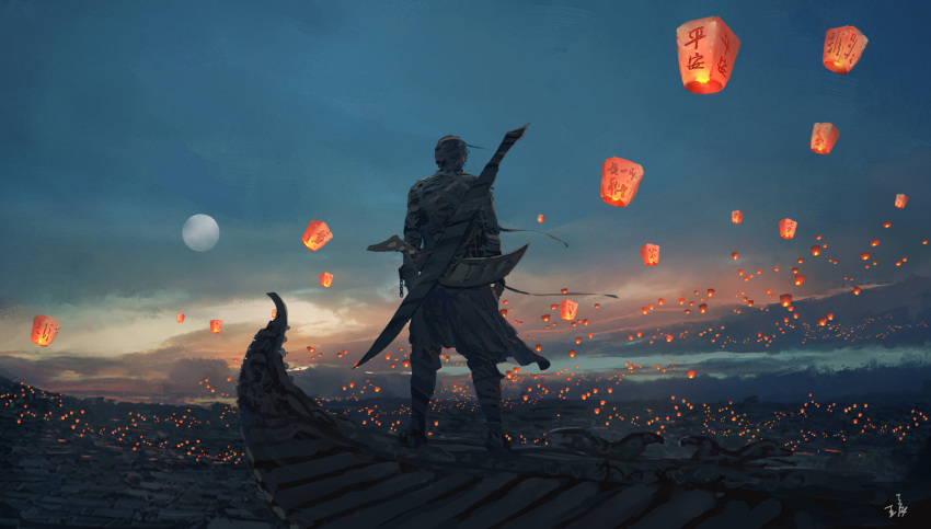 1boy chinese chinese_lantern city cityscape clouds highres moon rooftop sky standing_on_roof sword two-handed_sword weapon wlop