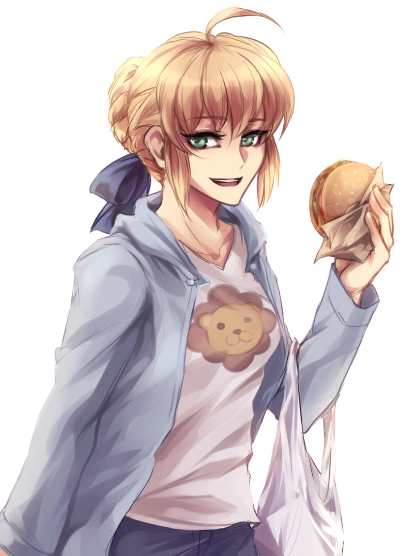 1girl ahoge blonde_hair casual fate/stay_night fate_(series) fimyuan food hamburger highres saber solo