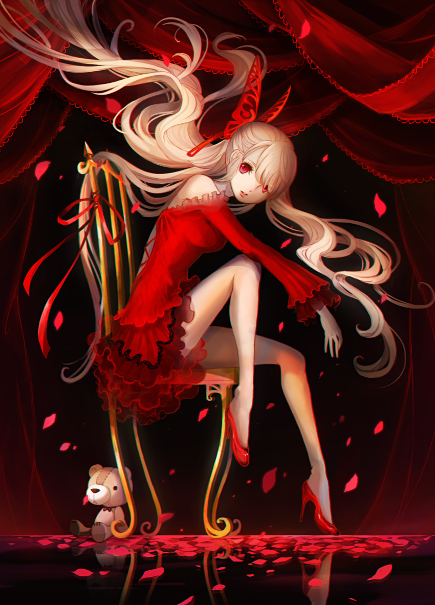 1girl bangs bare_legs bare_shoulders bibinko blonde_hair butterfly_hair_ornament cross-laced_clothes curtains dress floating_hair frilled_dress frilled_sleeves frills hair_ornament high_heels highres lips long_hair long_sleeves looking_at_viewer one_leg_raised original parted_lips petals red_eyes red_ribbon red_shoes reflection ribbon rose_petals shiny shiny_clothes shoes sitting smile solo spike stuffed_animal stuffed_toy teddy_bear very_long_hair
