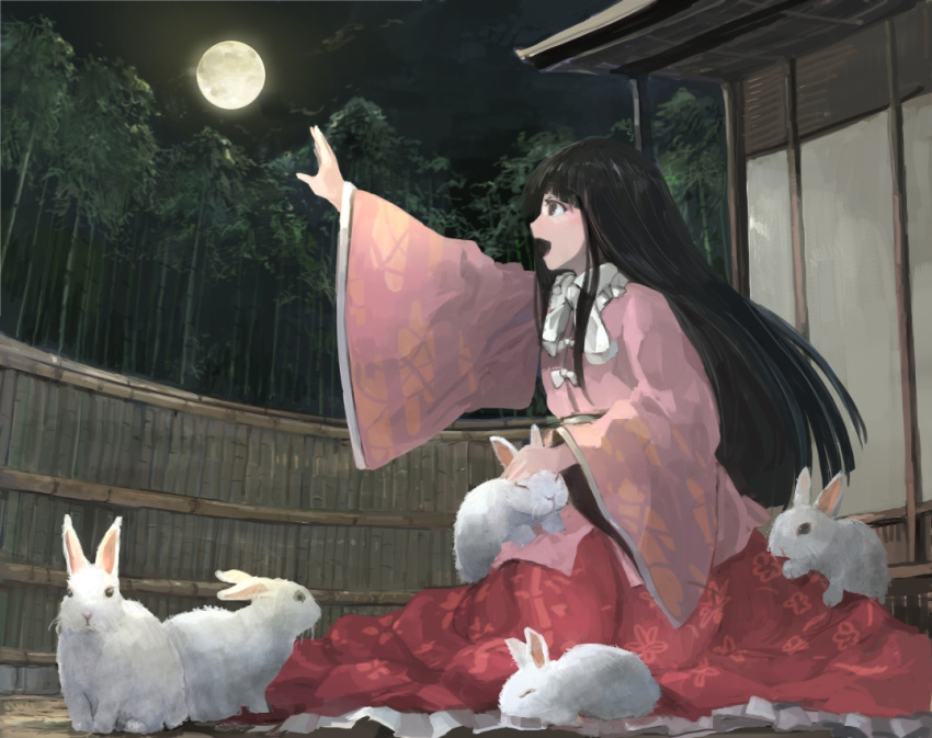 1girl bamboo bamboo_forest black_hair forest full_moon houraisan_kaguya ichiba_youichi long_hair long_skirt long_sleeves moon nature night open_mouth rabbit reaching_out shirt sitting skirt sky solo too_many too_many_bunnies touhou very_long_hair wall wide_sleeves