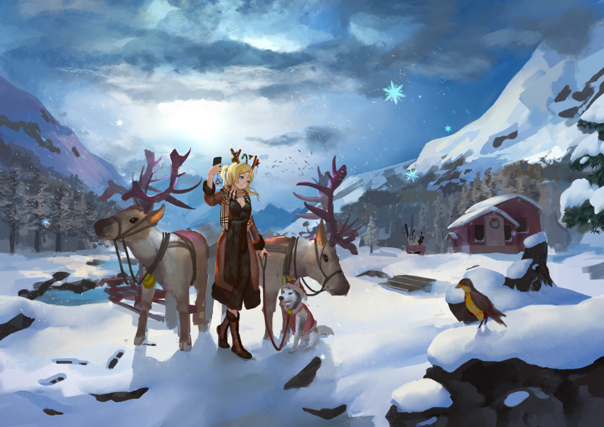 1girl antlers ayase_eli bird blonde_hair blue_eyes boots cellphone forest highres husky long_hair love_live!_school_idol_project mountain nature phone reindeer scarf smartphone snow snowflakes zxc00016