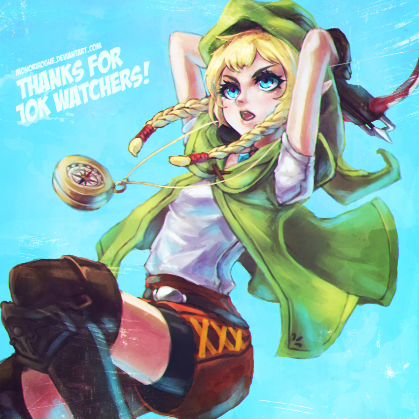 1girl absurdres bike_shorts blonde_hair blue_eyes boots bow_(weapon) braid capelet crossbow dual_wielding eyelashes female highres hits jumping linkle long_hair monori_rogue pointy_ears shorts small_breasts solo thank_you the_legend_of_zelda thigh-highs thigh_boots twin_braids watermark weapon web_address zelda_musou