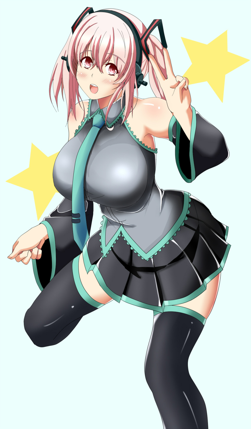 1girl bare_shoulders blush breasts cosplay detached_sleeves hatsune_miku hatsune_miku_(cosplay) headphones highres large_breasts long_hair looking_at_viewer necktie nitroplus open_mouth pink_eyes pink_hair skirt soda12345 solo super_sonico thigh-highs twintails v vocaloid zettai_ryouiki