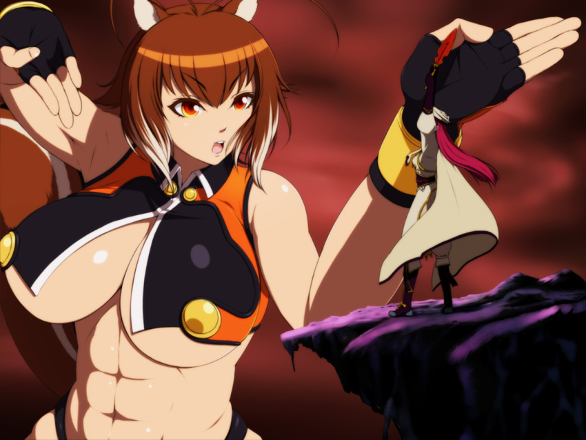 2girls abs animal_ears blazblue blazblue:_continuum_shift breasts brown_hair cape cleavage fighting_stance fingerless_gloves g_gundam gloves gundam hat huge_breasts long_hair makoto_nanaya midriff multiple_girls orange_eyes parody qlinicx redhead short_hair squirrel_ears squirrel_tail sword tail tsubaki_yayoi under_boob weapon