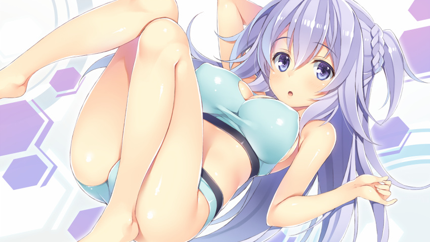 1girl blush breasts gakusen_toshi_asterisk highres large_breasts long_hair looking_at_viewer lying on_back open_mouth purple_hair solo toudou_kirin two_side_up very_long_hair violet_eyes yuuki_hagure