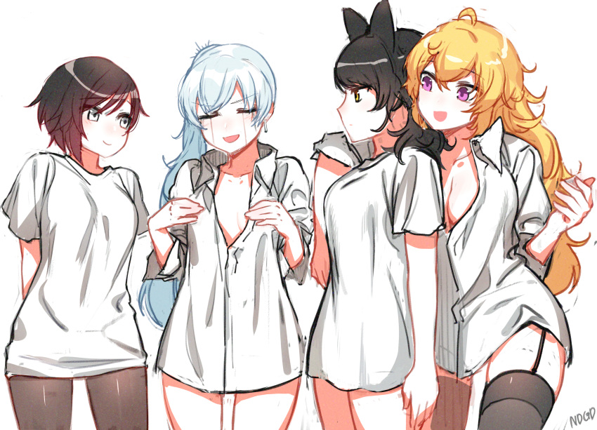 4girls bean1215 black_hair blake_belladonna blonde_hair bow breasts cleavage closed_eyes crying grey_eyes highres long_hair multiple_girls pantyhose ruby_rose rwby short_hair silver_hair violet_eyes weiss_schnee yang_xiao_long yellow_eyes