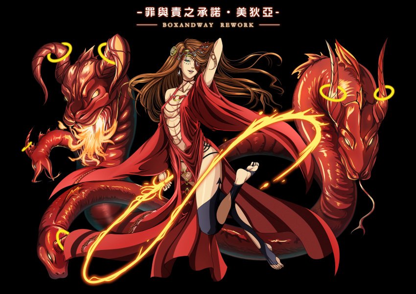1girl absurdres barefoot breasts brown_hair dragon dress earrings eyepatch facial_mark feet fire green_eyes hair_ornament highres japanese_clothes jewelry long_hair long_sleeves miko open_clothes open_dress original soles toeless_socks very_long_hair whip