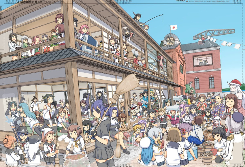 admiral_(kantai_collection) architecture broom cape commentary_request detached_sleeves east_asian_architecture eyepatch fishing fishing_line fishing_rod flag glasses goggles goggles_on_head haruna_(kantai_collection) hat head_scarf headgear houshou_(kantai_collection) japanese_clothes jintsuu kantai_collection kiso_(kantai_collection) kitakami_(kantai_collection) kongou_(kantai_collection) laundry laundry_basket maru-yu_(kantai_collection) mo_(kireinamo) mutsu_(kantai_collection) nagato_(kantai_collection) naka_(kantai_collection) nontraditional_miko on_ceiling ooi_(kantai_collection) ooyodo_(kantai_collection) ponytail pushin rooftop sailor_hat scarf school_swimsuit school_uniform sendai_(kantai_collection) serafuku side_ponytail sitting_on_roof swimsuit track_suit translation_request twintails