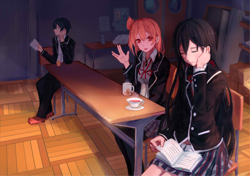 1boy 2girls black_hair black_legwear book closed_eyes hfp～kubiao highres hikigaya_hachiman holding holding_book indoors long_hair looking_at_viewer multiple_girls orange_hair pantyhose red_eyes school_uniform sitting skirt yahari_ore_no_seishun_lovecome_wa_machigatteiru. yuigahama_yui