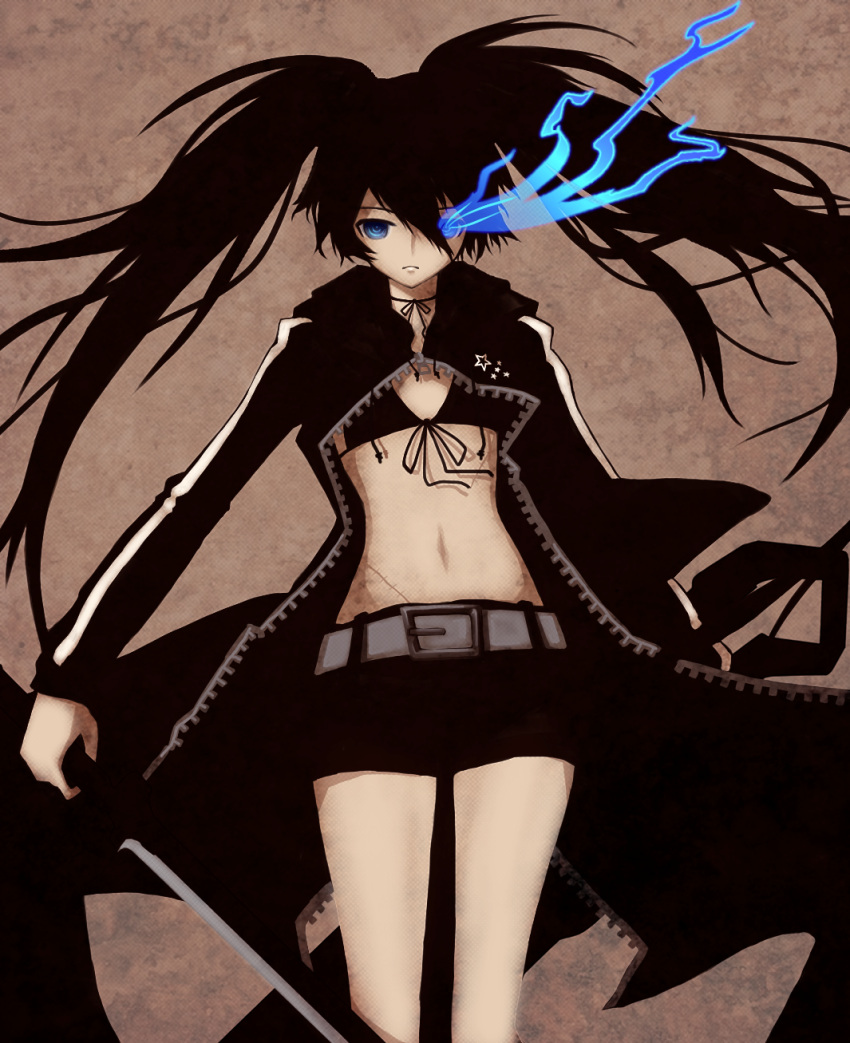 1girl belt black_bikini_top black_hair black_rock_shooter black_rock_shooter_(character) black_shorts blue_eyes burning_eye firebate front-tie_bikini front-tie_top highres holding_sword holding_weapon long_hair shorts solo sword twintails weapon