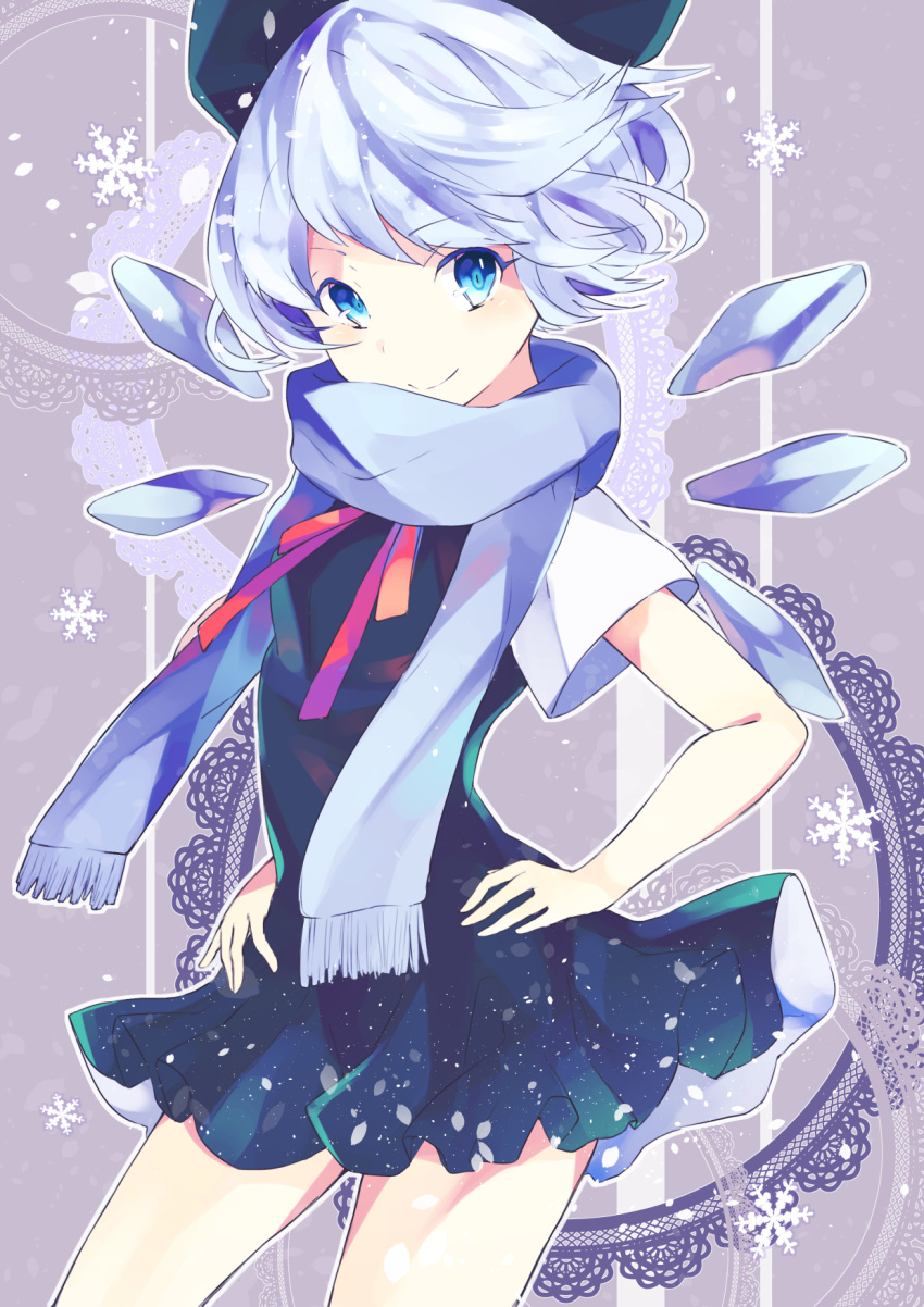 1girl blue_dress blue_eyes blue_hair blue_scarf blush bow cirno colored_eyelashes cowboy_shot dress hair_bow hands_on_hips highres ice ice_wings lavender_background looking_at_viewer patterned_background ribbon scarf shirt short_dress short_hair short_sleeves sleeveless sleeveless_dress smile snowflakes solo touhou white_shirt wings yuusei_tsukiro