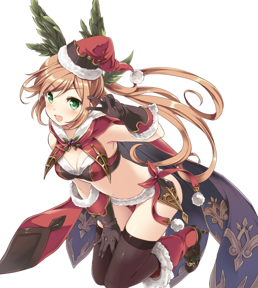 1girl :d black_gloves black_legwear blonde_hair blush boots breasts cape clarisse_(granblue_fantasy) cleavage fur_trim gloves granblue_fantasy green_eyes hat high_heel_boots high_heels highres long_hair looking_at_viewer navel open_mouth ponytail santa_hat simple_background smile solo souryuu thigh-highs v white_background