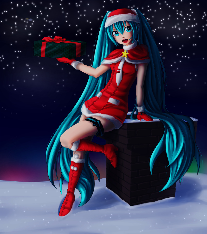 1girl absurdres arm_support blue_bow blue_eyes blue_hair boots bow brick building capelet chimney christmas fur_trim gift glove_bow gloves hair_between_eyes hat hatsune_miku head_tilt highres house huge_filesize knee_boots leg_garter long_hair looking_at_viewer night night_sky one_leg_raised pinkisch pocket pom_pom_(clothes) red_boots red_gloves red_ribbon ribbon rooftop santa_boots santa_costume santa_hat sky snow snowflakes solo standing teeth twintails very_long_hair white_necktie