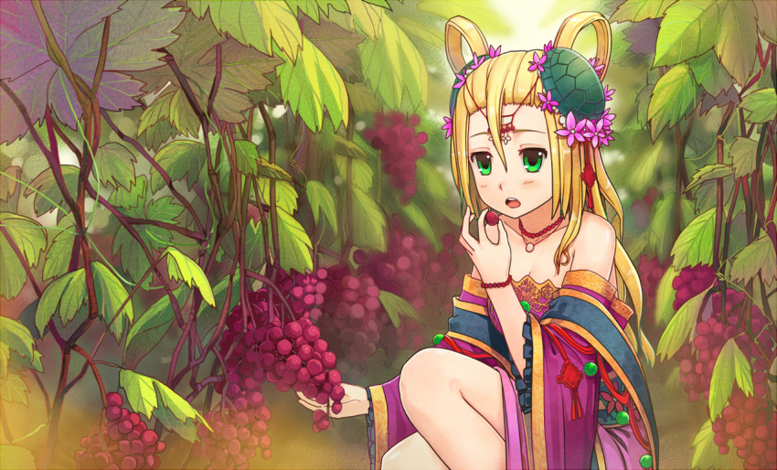 1girl bare_shoulders blonde_hair blush chinese_clothes circlet collarbone eating flower food fruit grapes green_eyes hair_flower hair_ornament hair_rings jewelry long_hair meimei_(p&amp;d) necklace off_shoulder open_mouth piza_rokumai puzzle_&amp;_dragons solo turtle_shell