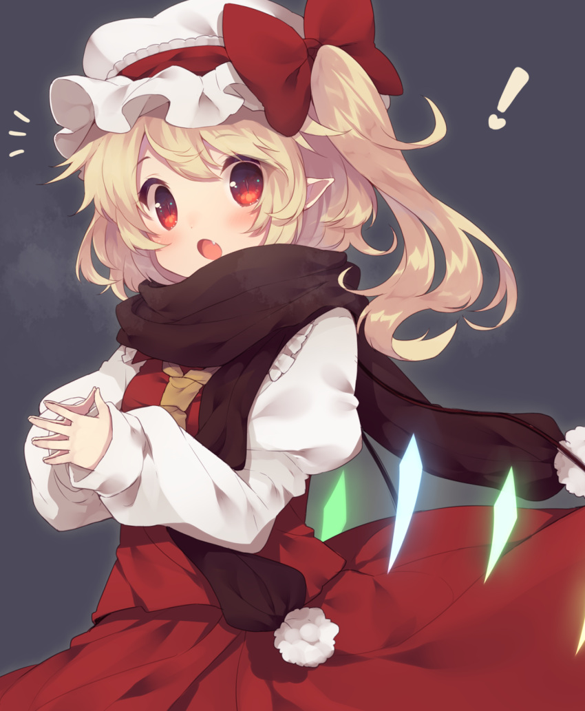 1girl ascot blonde_hair blush flandre_scarlet hands_together hat highres long_sleeves looking_at_viewer open_mouth red_eyes scarf short_hair side_ponytail skirt skirt_set smile solo touhou usamata wings