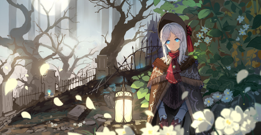 1girl baisi_shaonian bloodborne blue_eyes cape fence flower grave graveyard hat lantern long_sleeves looking_at_viewer petals plain_doll silver_hair solo tree