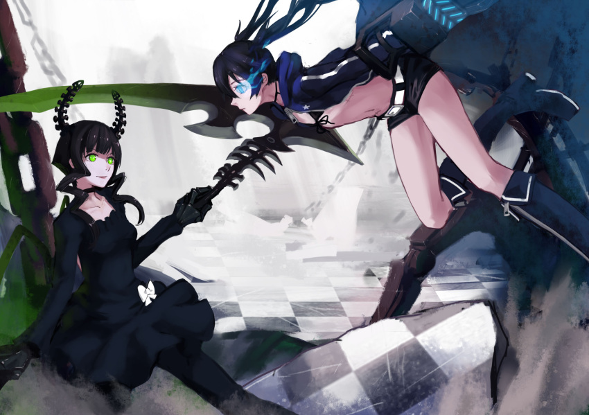 2girls belt black_bikini_top black_dress black_hair black_legwear black_rock_shooter black_rock_shooter_(character) black_shorts blue_eyes burning_eye chain dead_master dress eye_contact green_eyes hfp～kubiao highres holding_weapon long_hair looking_at_another multiple_girls navel scar short_shorts shorts twintails