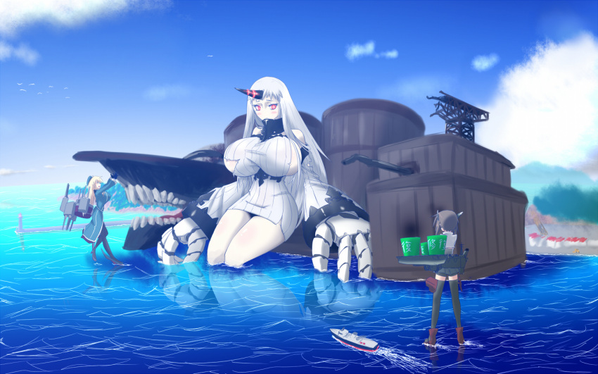 3girls boat breasts claws damaged giantess huge_breasts kantai_collection multiple_girls ocean shinkaisei-kan torn_clothes