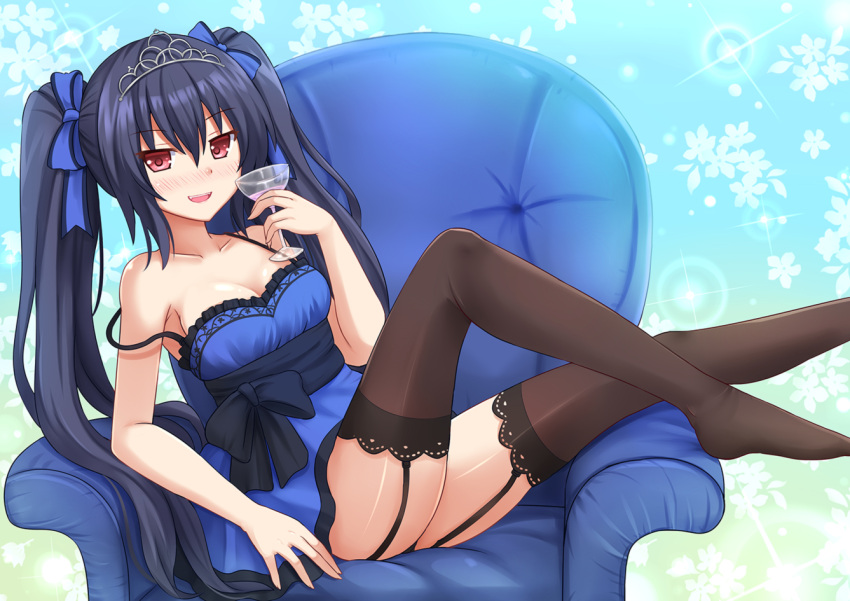 1girl :d alcohol armchair bare_shoulders black_hair black_legwear blue_background blue_dress blue_ribbon blush breasts chair choujigen_game_neptune cleavage cup dress drinking_glass fang floral_background garter_straps hair_between_eyes hair_ribbon kazenokaze long_hair looking_at_viewer neptune_(series) noire nose_blush off_shoulder open_mouth red_eyes ribbon sah shiny shiny_skin simple_background smile strap_slip thigh-highs thighs tiara twintails very_long_hair wine wine_glass