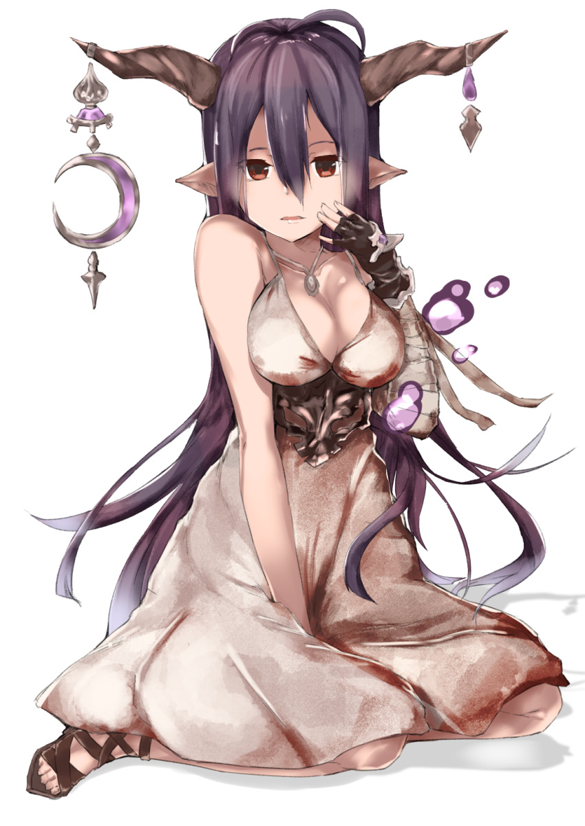 1girl antenna_hair bandages bare_legs black_gloves blood bloody_clothes breasts cleavage collarbone crescent cross-laced_footwear danua dress fingerless_gloves full_body gloves granblue_fantasy hair_between_eyes hand_on_own_cheek highres horn_ornament horns jewelry large_breasts long_hair looking_at_viewer monster_girl necklace orange_eyes pendant pointy_ears purple_hair qwyte red_eyes sandals simple_background sitting solo underbust very_long_hair wariza white_background white_dress