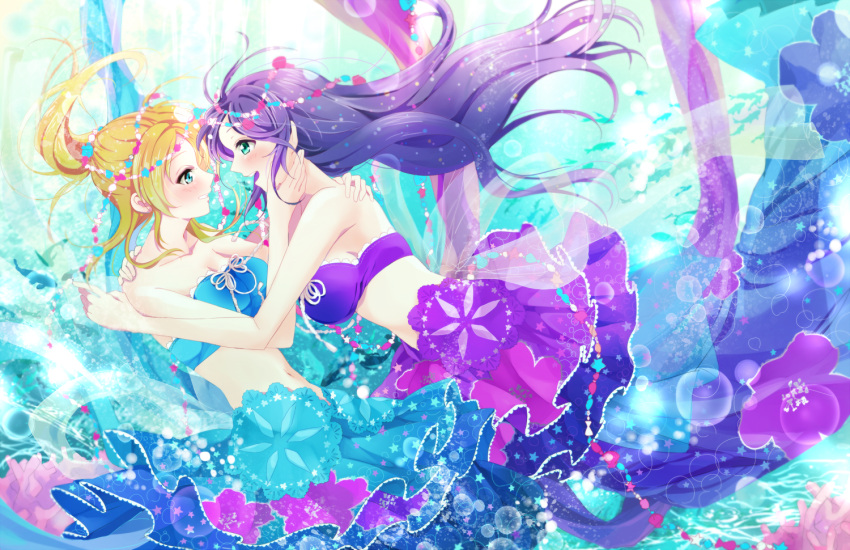 2girls arihara_(arhr0) ayase_eli bare_shoulders bikini_top blonde_hair blue_eyes blush breasts cleavage eye_contact green_eyes hand_on_another's_cheek hand_on_another's_face hug large_breasts long_hair looking_at_another love_live!_school_idol_project mermaid_costume multiple_girls ponytail purple_hair toujou_nozomi
