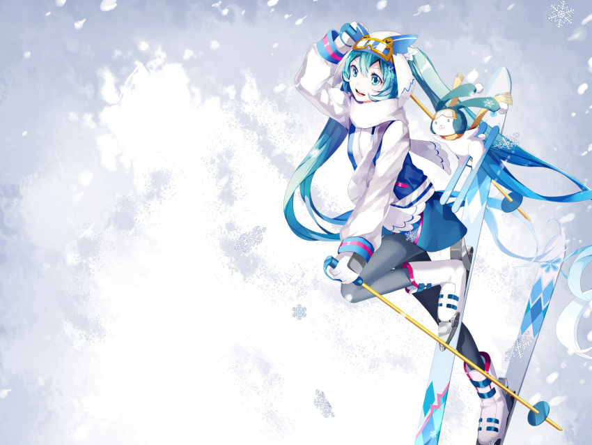 1girl amatsukiryoyu aqua_hair blue_hair blue_skirt boots coat gloves goggles goggles_on_head hand_on_own_head hatsune_miku highres ice long_hair multicolored_hair open_mouth pantyhose scarf simple_background skiing skirt smile snowflake_print solo twintails very_long_hair vocaloid white_gloves winter_clothes winter_coat yuki_miku yukine_(vocaloid) zipper