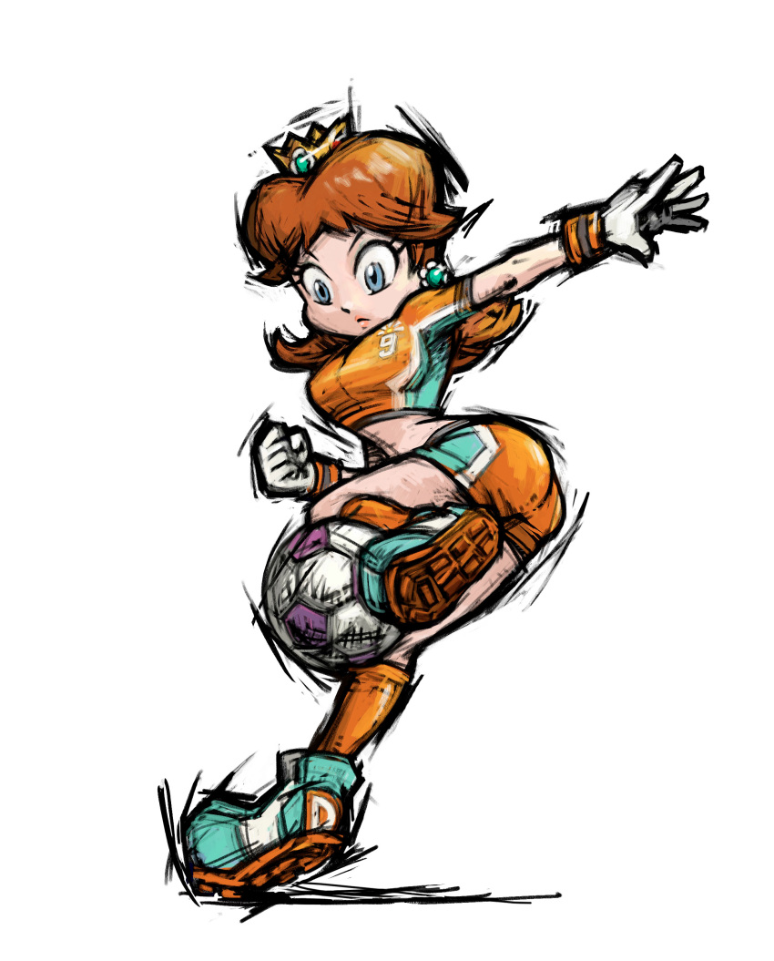 1girl absurdres ass ball blue_eyes brown_hair cleats clenched_hand crown earrings flipped_hair flower_earrings gloves highres jewelry leg_up lips long_hair looking_down super_mario_bros. masanori_sato midriff official_art outstretched_arm playing_sports princess_daisy shorts sketch soccer soccer_ball soccer_uniform solo sport sportswear super_mario_bros. super_mario_strikers telstar