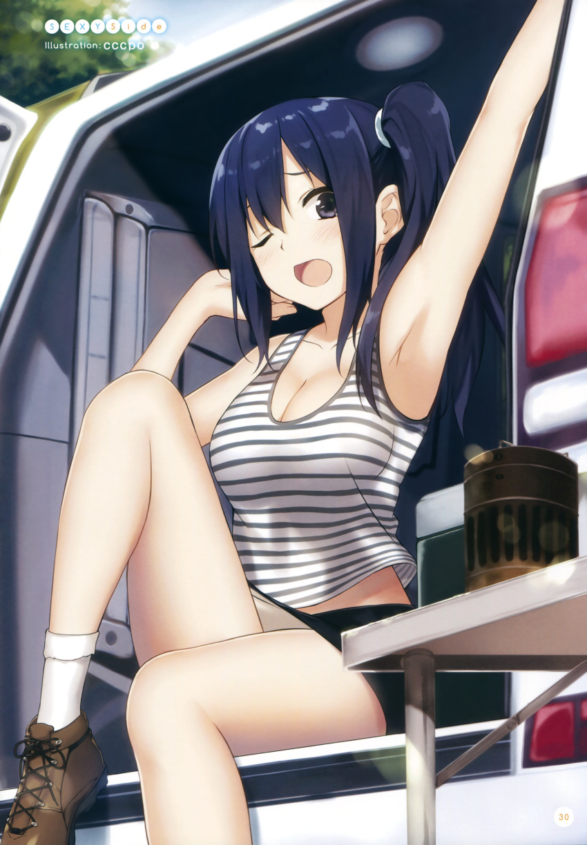 1girl absurdres blue_eyes blue_hair breasts cccpo highres imai_midori long_hair looking_at_viewer one_eye_closed outstretched_arm shirobako side_ponytail solo striped tank_top watermark