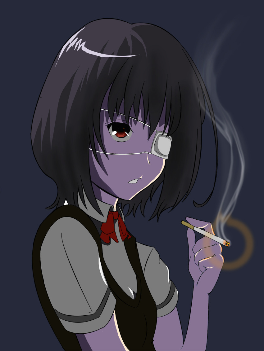 1girl another black_hair breasts eyepatch highres looking_at_viewer misaki_mei open_mouth pale_skin red_eyes ribbon school_uniform short_hair smoking solo