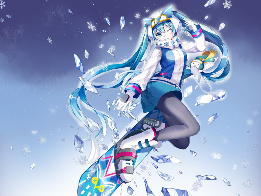 1girl ;d amatsukiryoyu blue_hair blue_skirt blush boots coat fractal gloves goggles goggles_on_head grin hatsune_miku highres hood ice long_hair one_eye_closed open_mouth pantyhose scarf simple_background skirt smile snowboard snowboarding snowflake_print solo teeth twintails very_long_hair vocaloid white_gloves winter_clothes winter_coat yuki_miku yukine_(vocaloid) zipper