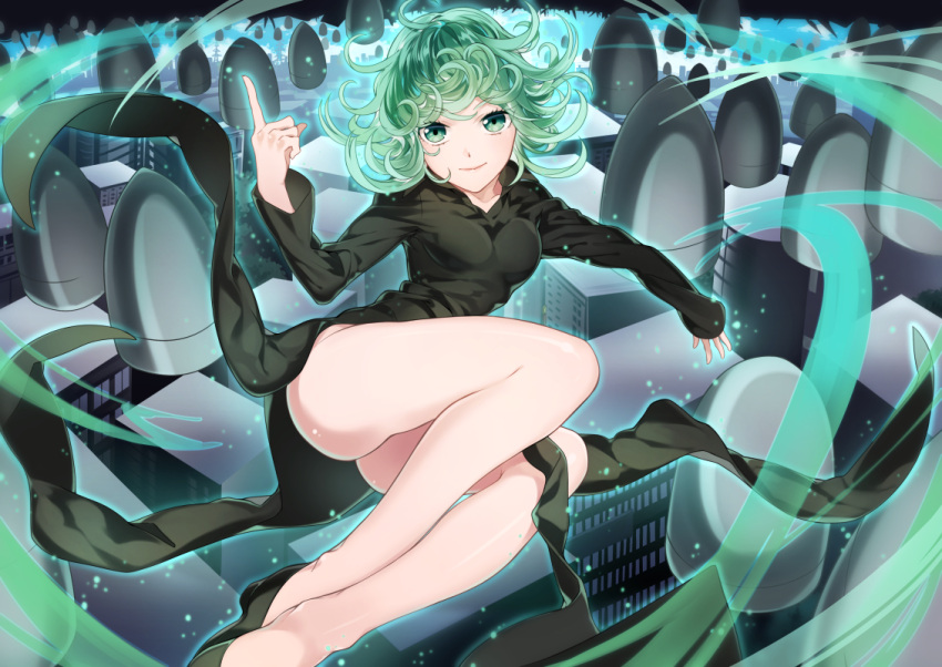 1girl dress green_eyes green_hair kurisu_takumi looking_at_viewer onepunch_man short_hair smile solo tatsumaki