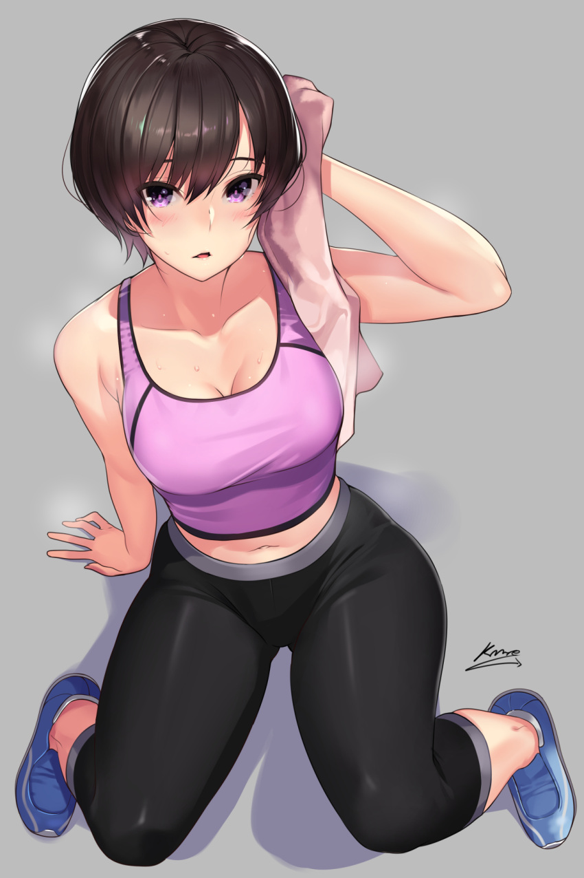 1girl athletic blue_footwear breasts brown_eyes cleavage highres kagematsuri navel original pants shoes short_hair solo sports_bra sweat sweatpants towel violet_eyes