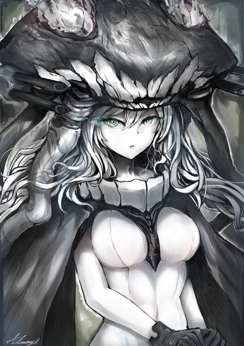 1girl black_gloves bodysuit breasts cape covered_navel gloves grey_eyes hat headgear highres kantai_collection long_hair looking_at_viewer pale_skin parted_lips portrait shinkaisei-kan signature silver_hair solo teeth tentacles upper_body wo-class_aircraft_carrier xiaodi