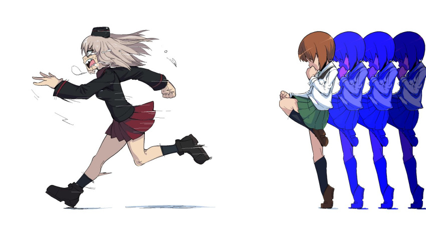 afterimage blonde_hair boots clenched_hands commentary_request crying crying_with_eyes_open fleeing girls_und_panzer hat itsumi_erika kicking knee_up military military_hat military_uniform miniskirt nishizumi_miho open_mouth r-one school_uniform serafuku shoes short_hair skirt socks tears uniform