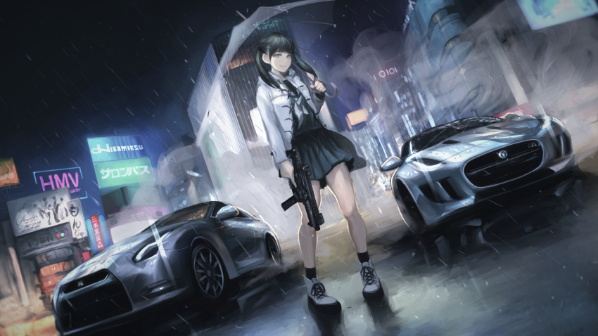 1girl black_hair braid car gun highres jaguar_(car) long_hair long_sleeves motor_vehicle night nissan nissan_gt-r original rain school_uniform serafuku shibuya_(tokyo) sig_mpx sign submachine_gun terabyte_(rook777) twin_braids umbrella vehicle weapon