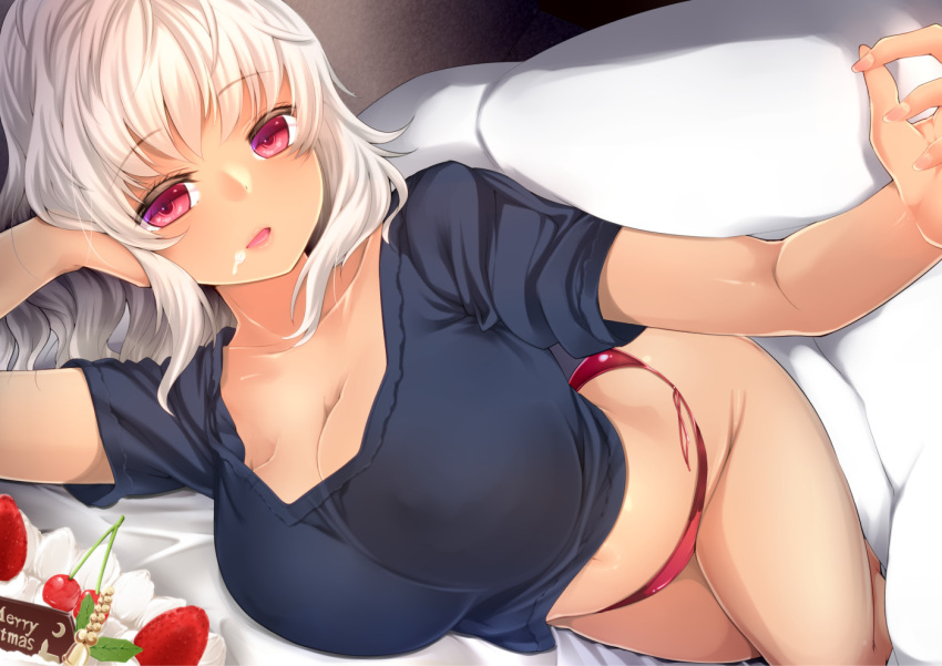 1girl amasora_taichi breasts cake cleavage collarbone commentary_request crop_top food fruit large_breasts lifting_covers long_hair looking_at_viewer merry_christmas no_pants open_mouth original panties pink_eyes red_panties shirt short_sleeves silver_hair solo strawberry underwear white_hair